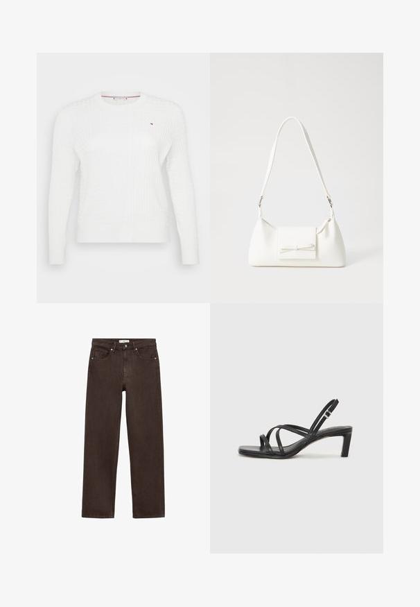 Bijela pletena svijetla s teksturiranim dijamantnim uzorkom, okruglim izrezom i dugim rukavima. Mali logo na grudima.; Smeđe široke traperice izrađene od denima, s klasičnim dizajnom pet džepova, kopčanjem na dugme i suptilnim detaljima šivanja.; Crne sandale s trakama, kvadratnim prstom i niskom blok petom. Ima više tankih trakica i podesivu trakicu oko gležnja. Izrađene su od glatke kože.; Bijela sintetička torbica s trokutastim oblikom, ravnim prednjim poklopcem i detaljem u obliku mašne, podesivom remenom, glatkom teksturom i minimalističkim dizajnom.