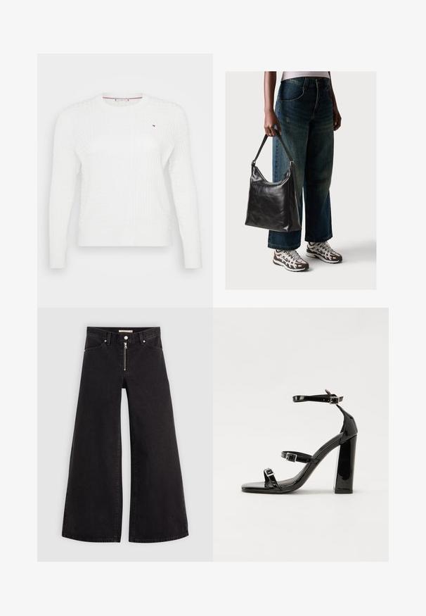 Valge kootud sviiter, millel on tekstuuriga rombimuster, ümmargune kaelus ja pikad varrukad. Rinnal on väike logo aktsent.; Laiad teksad mustast denimist, millel on lukuga eesmine osa, viie taskuga disain ja peened õmblusdetailid. Sile tekstuur ja juhuslik stiil.; Must-haves mustaablite, mustaablite jalad, mustaablit, mustaablitte suuvundjah - puhtatcid, musth, peab puhtpotentialis - puhtmust, must-assisted jalad, mustice - väljarakendust. Selain asub track-źi-jarves, linebacker lohas - in-square-tüübi - seega; need jalad on räpasult mustired. Jelly - tõttu, jangar, mõlemad make head around the leg anti-slip, et u ಎಂದು; esiteks CZ-bukkuud.; Must musta õlakott, millel on sile tekstuur ja reguleeritav rihm, koos pleekinud laia jalgadega teksade ja sportlike tossudega.