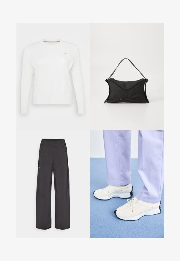 Weißer gestrickter Pullover mit strukturiertem Diamantmuster, rundem Halsausschnitt und langen Ärmeln. Kleines Logo-Detail auf der Brust.; Schwarze Sporthose mit einem breiten Bund, Seitentaschen und flachen Nähten. Mit einem kleinen Logo am linken Bein. Hergestellt aus glattem, dehnbarem Stoff.; Weiße Sneakers mit schwarzen Sohlen und orangefarbenen Akzenten, kombiniert mit helllila Hosen. Die Sneakers verfügen über ein strukturiertes Obermaterial und einen Schnürverschluss.; Schwarze Handtasche aus weichem, strukturiertem Material. Merkmale ein gewelltes Design, einen einzelnen Schultergurt und ein dezentes Logo-Detail auf der Vorderseite.