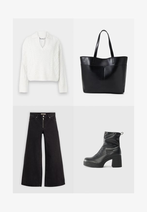 Weißer Strickpullover mit V-Ausschnitt und Kragen. Verfügt über strukturierte Muster, gerippten Saum und lange Ärmel. Hergestellt aus weichem Material.; Schwarze Denim-Jeans mit weitem Bein, Reißverschluss vorne, Fünf-Taschen-Design und dezenten Stickdetails. Glatte Textur und lässiger Stil.; Schwarze Stiefeletten aus glattem Leder mit seitlichem Reißverschluss, klobigem strukturiertem Absatz und runder Zehenform.; Schwarze Leder-Shopper-Tasche mit zwei langen Griffen, einer glatten Textur und einer strukturierten Form. Verfügt über eine Vordertasche für zusätzlichen Stauraum.
