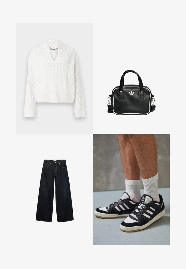 Weißer Strickpullover mit V-Ausschnitt und Kragen. Verfügt über strukturierte Muster, gerippten Saum und lange Ärmel. Hergestellt aus weichem Material.; Weite, dunkelblaue Jeans mit hoch sitzendem Bund, kontrastierenden Nähten, Vorderentaschen und einem minimalistischen Design.; Schwarz-weiße Sneaker mit einem Obermaterial aus Wildleder und Leder, ausgestattet mit drei weißen Streifen, einer perforierten Zehenpartie und einer Sohle aus Gummi.; Schwarze Lederhandtasche mit zwei kurzen Griffen, silbernem Zubehör, weißen Akzenten und einem weißen Logo. Verfügt über eine strukturierte Oberfläche und ein kompaktes Design.