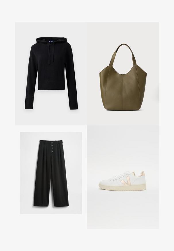 Felpa nera a maniche lunghe in maglia con cappuccio e lacci, polsini e orlo a costine, vestibilità corta, mostrata su uno sfondo bianco.; Pantaloni neri a gamba larga realizzati in un tessuto strutturato. Presentano una vita alta, una chiusura frontale a cinque bottoni e pince stirate per un tocco di dettaglio in più.; Sneaker basse bianche con texture perforata, caratterizzate da dettagli metallici in oro rosa sui lati e sul retro. Suola in gomma.; Borsa tote in pelle verde oliva con doppio manico, texture liscia e design a quattro pannelli. Cuciture rinforzate lungo le cuciture per una maggiore durata.