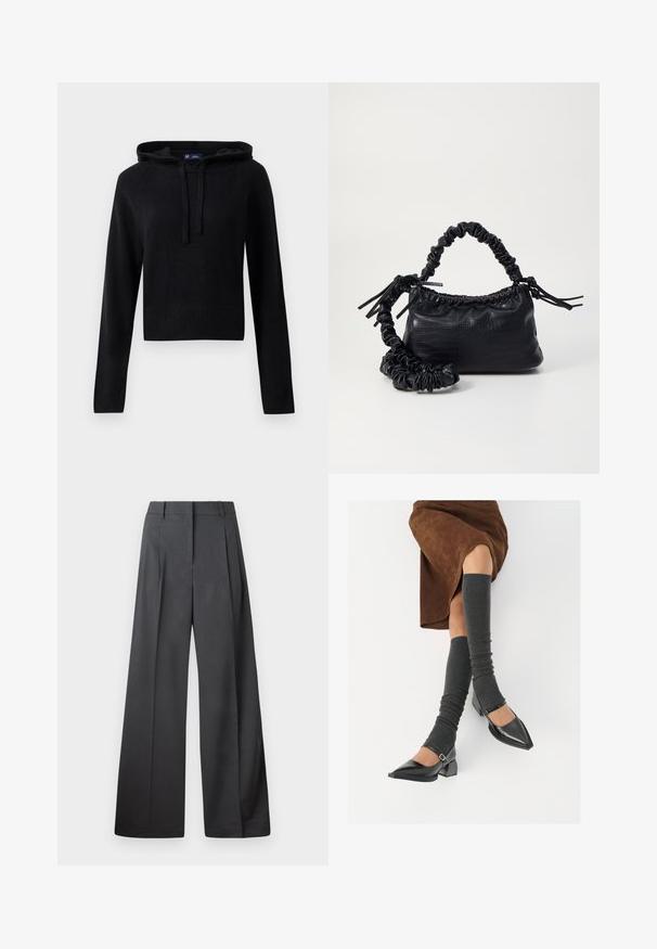 Fekete, hosszú ujjas kötött kapucnis pulóver zsinórokkal, bordás mandzsettákkal és szegéllyel, rövidített fazonban, fehér háttérrel bemutatva.; Széles szárú nadrág sötétszürke anyagból, magas derekú, egyes redőkkel, sima textúrával és tiszta befejezéssel a szegélyeken.; Fekete lakk bőrből készült, hegyes orrú cipők, tömbsarkúakkal és bokapánttal, szürke bordás lábszármelegítőkkel és barna velúr szoknyával párosítva.; Fekete műbőr kézi táska krokodil bőr textúrával, összehúzható tetejű és gyűrt pánttal. Lágy és kompakt dizájnúnak tűnik.