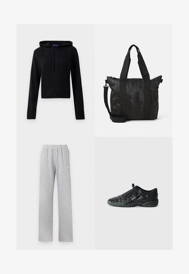 Schwarze langärmelige Strickkapuzenjacke mit Kordelzügen, gerippten Bündchen und Saum, cropped Fit, auf einem weißen Hintergrund präsentiert.; Helle graue Sweatpants mit einem elastischen Bund, geradem Bein Schnitt und einem kleinen weißen Logo auf dem linken Oberschenkel. Weicher, strukturiert Stoff.; Schwarzer, lederner Sportschuh mit einem gesteppten Design, abgerundeter Spitze, Schnürung vorne und Gummisohle. Mit dezentem Branding an der Seite.; Schwarze Tote-Tasche aus strukturiertem Stoff, mit zwei oberen Griffen und einem abnehmbaren Schultergurt. Sie verfügt über einen Reißverschluss für sicheren Stauraum.