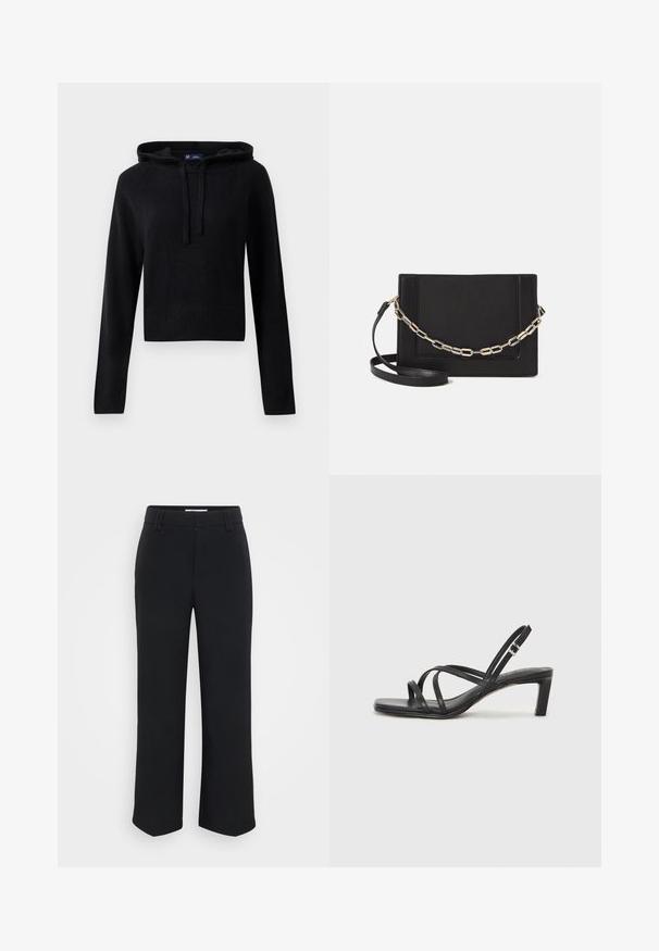 Felpa nera a maniche lunghe in maglia con cappuccio e lacci, polsini e orlo a costine, vestibilità corta, mostrata su uno sfondo bianco.; Pantaloni neri a gamba larga con una texture liscia, dotati di una vita piatta e tasche laterali, progettati con un'estetica minimalista.; Sandalo nero con cinturini, dalla punta squadrata e tacco basso a blocco. Presenta diversi cinturini sottili e una cinturini regolabile alla caviglia. Realizzato in pelle liscia.; Borsa a tracolla nera in pelle con una texture liscia, forma rettangolare e dettaglio in catena metallica sul davanti. Inclusa una tracolla regolabile.; Anello doppio in argento con superficie liscia e lucida. Presenta un design fluido e curvo con sezioni sovrapposte per un aspetto moderno.