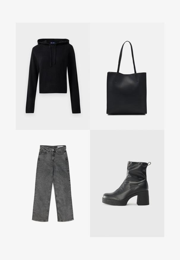 Haut en tricot noir à manches longues avec capuche, cordons de serrage, poignets et ourlet côtelés, coupe cropped, présenté sur un fond blanc.; Jean droit taille haute noir délavé avec poches avant, passants de ceinture, fermeture à bouton et étiquette de marque à l'intérieur de la ceinture.; Bottes noires à la cheville en cuir lisse, dotées d'une fermeture éclair sur le côté, d'un talon épais texturé et d'une conception à bout rond.; Sac fourre-tout en cuir noir avec une texture lisse, de forme rectangulaire et deux longues poignées. Pas de matériel ou d'ornementations visibles.