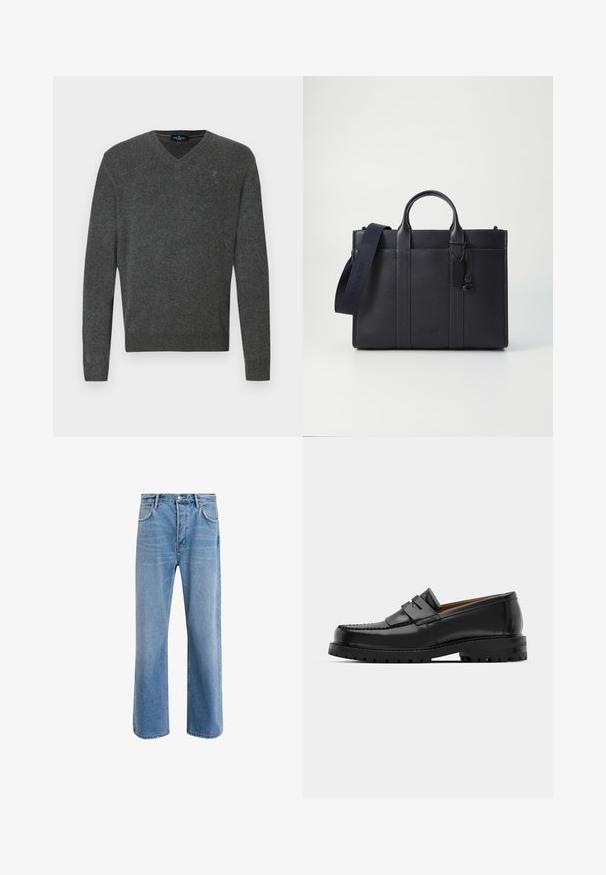 Grauer V-Ausschnitt-Pullover aus weichem Material. Mit gerippten Bündchen und Saum, sowie einem kleinen gestickten Logo auf der Brust. Schlichtes Design, klassische Passform.; Helle blaue Jeans im Geradeschnitt-Design, mit fünf Taschen, Knopfverschluss, minimaler Ausbleichung und kontrastierenden Nähdetails.; Schwarze Lederloafer verfügen über eine erhöhte Naht, zwei dekorative Riemen im oberen Bereich und eine dicke, strukturierte Sohle für zusätzlichen Halt.; Dunkelblaues Lederaktentasche mit doppelten oberen Griffen und einem abnehmbaren Gurt. Merkmale sind die strukturierte Oberfläche, vertikale Nähte und das Logo-Detail.