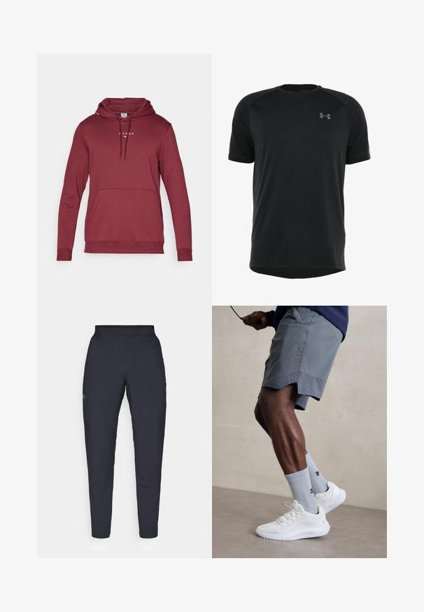 Bordová mikina s kapucňou na šnúrku, prednou vreckom a rebrovanými manžetami. Obsahuje biele logo na hrudi. Mäkká textúra látky.; Čierny športový krátky rukáv vyrobený z hladkej, ľahkej tkaniny. Má zaoblený výstrih a nenápadné logo na hrudi.; Čierne športové nohavice s hladkým povrchom, priliehavým strihom, elastickým pásom a bočnými vreckami. Obsahujú malé logo na ľavom stehne.; Biele atletické topánky s textúrovaným sieťovinovým zvrškom, v kombinácii so svetlomodrými rebrovanými ponožkami s logom. Šedé atletické šortky s perforovaným lemem.