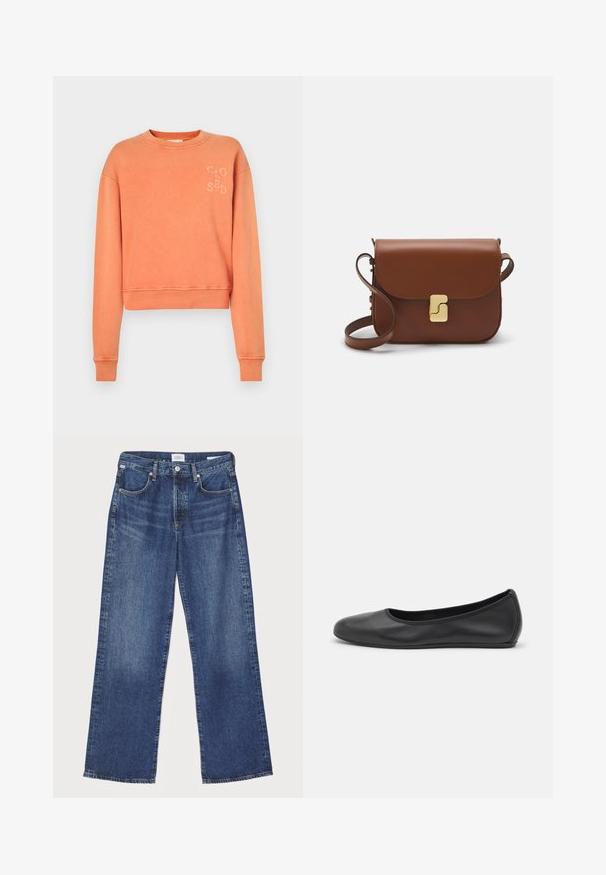 CLOSED Ikdienas džemperis - pumpkin orange; Citizens of Humanity ANNINA - Džinsi ar taisnām starām - westwood dark indigo; Melna ādas baleta kurpe ar noapaļotu purngalu, gludu tekstūru, minimālu šuvju detalizāciju un elastīgu zoles dizainu.; Bordo ādas rokas soma ar atloku, zeltītām detaļām, plecu siksnu un gludu virsmu. Kompakta, taisnstūrveida forma.
