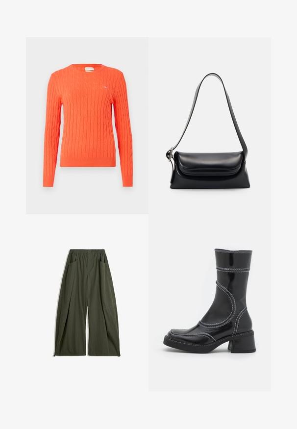 Pomarańczowy sweter z dzianiny z motywem warkocza, okrągłym dekoltem i ściągaczami na rękawach. Posiada małe logo na klatce piersiowej.; Szerokie spodnie w odcieniu oliwkowym, wykonane z materiału, z elastycznym paskiem w talii, dwoma bocznymi kieszeniami oraz fakturowanym wykończeniem.; Czarne lakierowane botki za kostkę z białym przeszyciem, okrągłym noskiem i słupkowym obcasem. Posiadają zakrzywione linie designu oraz gładką teksturę.; Czarna skórzana torebka o zorganizowanym kształcie, gładkiej fakturze i pojedynczym pasku na ramię. Posiada subtelną, zaokrągloną klapkę.
