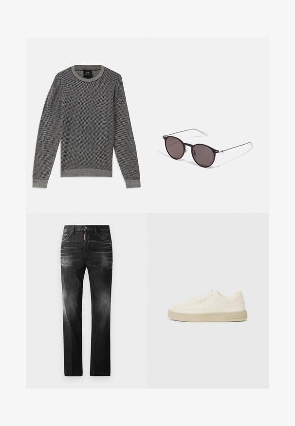 Knitted sweater in gray with a textured diamond pattern. Features a ribbed crew neckline and cuffs, with a solid gray hem.; Black denim jeans with a straight fit. Features faded areas, minor distressing, classic five-pocket design, and a button closure.; White canvas sneakers with a textured rubber sole, featuring a stitched toe cap and logo accent on the heel. Simple lace-up design.; Black round sunglasses with dark lenses and slim metal arms. Includes clear temple tips and silver accents at the hinge. Minimalist design.