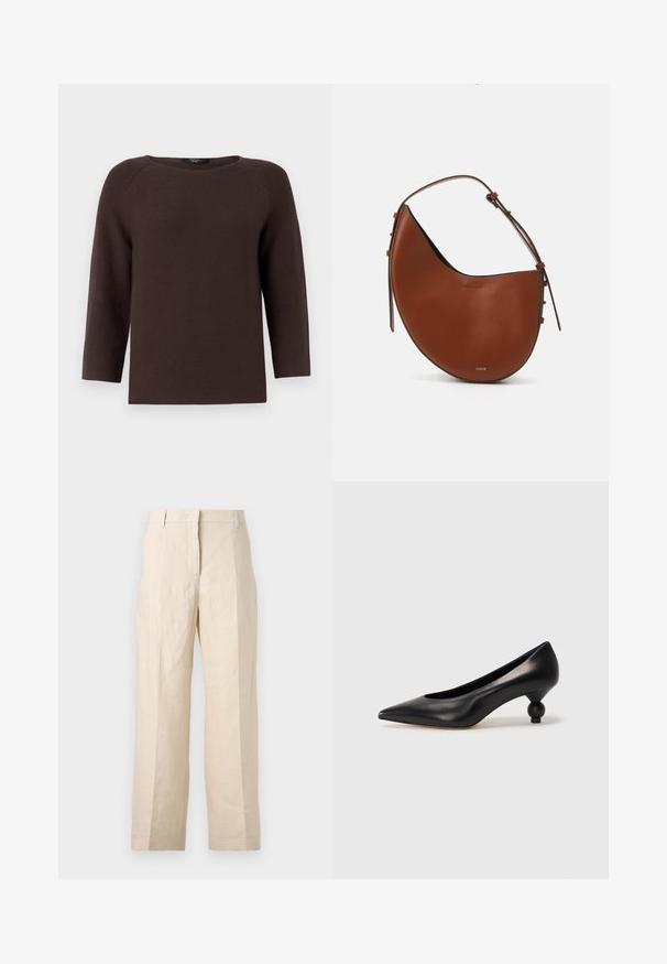 Brūns adīts džemperis ar apaļu kakla izgriezumu un trīs ceturtdaļu garuma raglanu piedurknēm. Iezīmējas ar teksturētu rakstu un taisnu griezumu.; Bežīgas lina bikses ar brīvu piegriezumu, krokām priekšā un taisnām kājām. Piedāvā jostu ar cilpiņām un bez redzamām kabatām.; Melnas ādas augstpapēžu kurpes ar smailu purngalu un apaļu papēdi. Gluda tekstūra ar elegantu, minimālistisku dizainu.; Brūns ādas plecu soma ar pusmēness formu, šaurs brūns siksniņš un diskrēti zelta detaļas. Raksturīga gluda tekstūra un minimāla šuvju apstrāde.