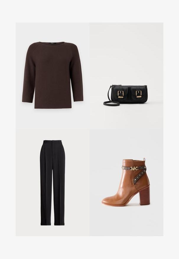 Pull en tricot marron avec un col rond et des manches raglan à trois quarts. Présente un motif texturé et une coupe droite.; Pantalons noirs ajustés à taille haute, dotés de plis à l'avant, d'une coupe droite et d'un ourlet à revers. Fabriqués en tissu lisse.; Botte de cheville en cuir marron avec un talon en bloc empilé, sangle latérale ornée de clous dorés et boucle en forme de "MK" dorée.; Sac en cuir noir porté en travers avec deux poches avant, boucles dorées, fermeture zippée et une sangle fine. Surface texturée et forme rectangulaire compacte.