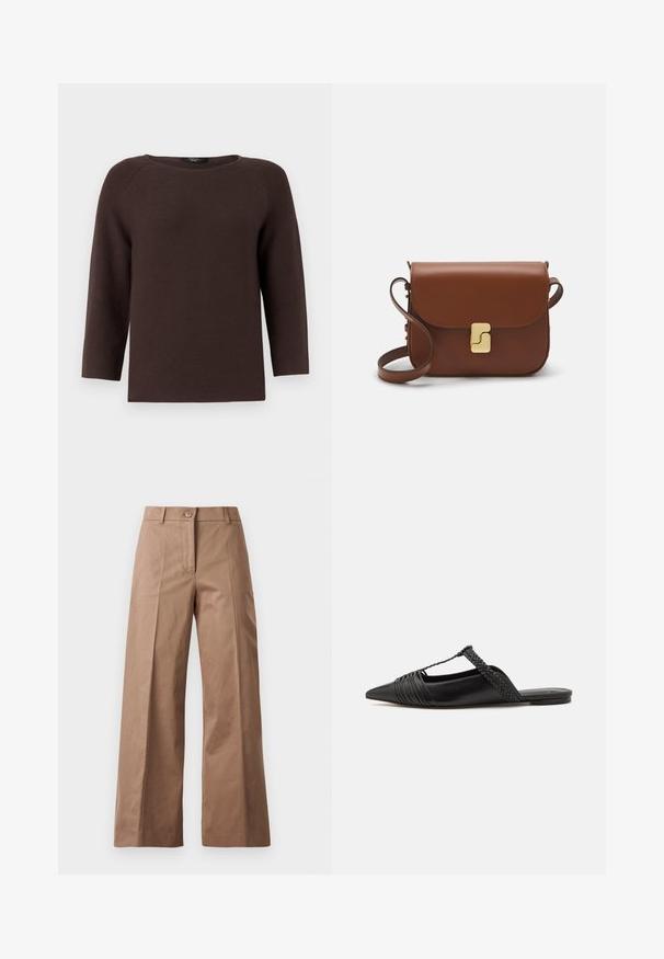 Pruun kudumine särk, millel on ümar kaelus ja kolmeveerandi pikkuses raglan varrukad. Omab tekstuurset mustrit ja sirget lõiget.; Pruunid lai jalgadega püksid, mis on valmistatud siledast kangast, esise nööbiga kinnitusega, kahte esist taskut ja puhtaid, vormitud jooni.; Must kuulsad nahast kandadega kingad, millel on terav nina, koos kootud detaili ja volditud ülaosaga. Lame tald minimaalse riistvaraga.; Pruunist nahast käekott, millel on klapiga sulgur, kuldne riistvara, õlarihm ja sile tekstuur. Kompaktne ristkülikukujuline vorm.