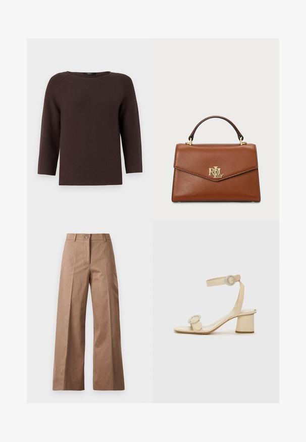 Bruine gebreide trui met een ronde halslijn en driekwart mouwen. Heeft een gestructureerd patroon en een rechte snit.; Bruine wijde broek gemaakt van een gladde stof, met een voorknoopsluiting, twee zijzakken en strakke, op maat gemaakte lijnen.; Beige hoge hakken sandalen met een minimalistisch ontwerp, voorzien van twee ronde accenten en een chunky hak. Gemaakt van soepel leer.; Bruine leren handtas met een gestructureerd ontwerp, een bovenhandgreep, gouden hardware en een logo-accent aan de voorkant. Gladde textuur.