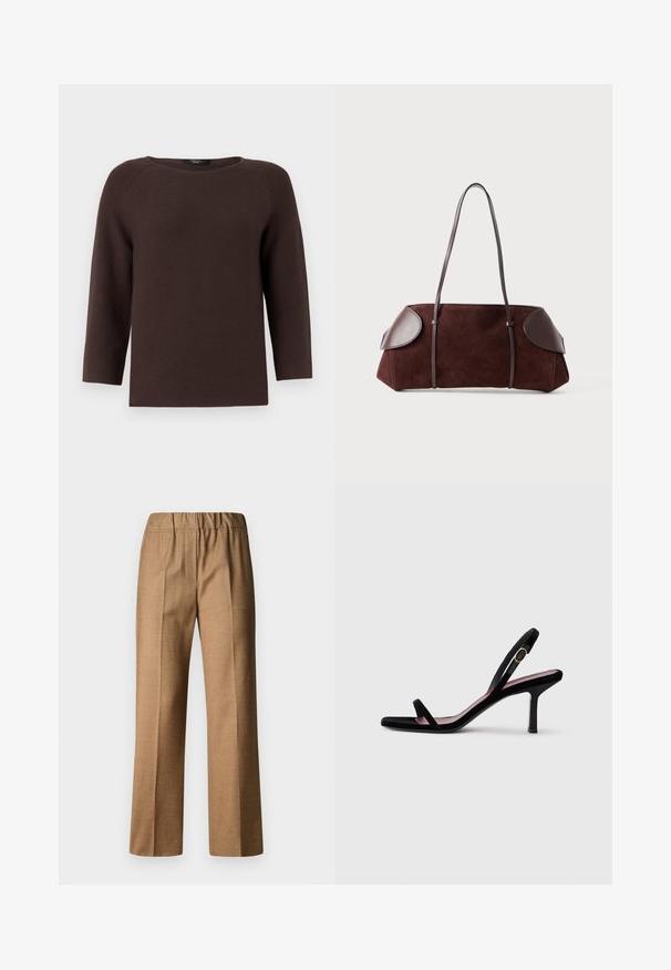 Maglione marrone lavorato a maglia con scollatura a girocollo e maniche raglan a tre quarti. Presenta un motivo testurizzato e una linea dritta.; Pantaloni marroni, texturizzati, con una vestibilità rilassata, caratterizzati da una gamba ampia e una cintura elastica. Design su misura con pieghe frontali.; Sandalete da donna nera in suede con tacco alto, dotata di cinghie sottili e una fibbia dorata su uno sfondo bianco, vista laterale.; Borsa in suede marrone con dettagli in pelle, forma strutturata, doppi manici a spalla e bordi arrotondati, caratterizzata da una texture liscia e hardware minimal.