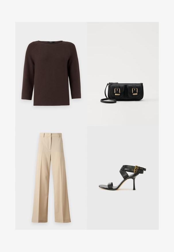 Brun strikket genser med rund hals og trekvartlange raglanermer. Har et teksturert mønster og rette linjer.; Beige vide bukser laget av glat stoff, med flat front og folder, glidelås og beltehemper. Skreddersydd passform generelt.; Svarte hælsandaler med kryssende stropper og justerbar spenne. Har en jevn tekstur og avsmalnende stilettoklakk.; Svart skinn crossbody veske med to frontlommer, gyldne spenner, glidelåslukking og en slank stropp. Teksturert overflate og kompakt rektangulær form.