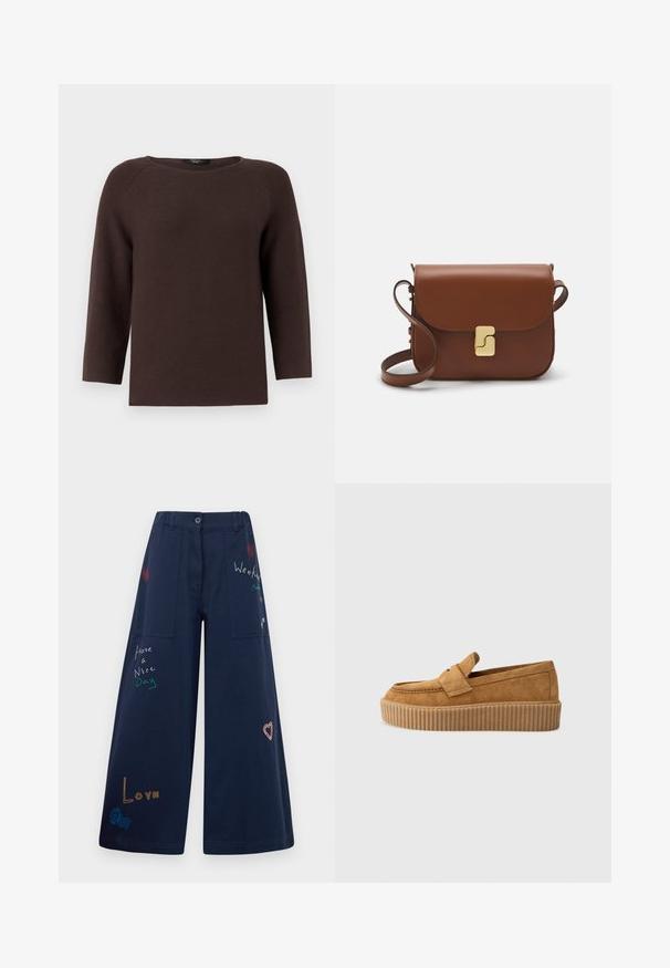 Pull en tricot marron avec un col rond et des manches raglan à trois quarts. Présente un motif texturé et une coupe droite.; Pantalon large en coton bleu marine avec plusieurs poches. Présente un texte et des graphiques colorés brodés, y compris des cœurs et des phrases ludiques.; Mocassin en daim brun à bout rond, avec une semelle plateforme striée et une bande décorative sur le dessus.; Sac à main en cuir marron avec une fermeture à rabat, des accents en métal doré, une bandoulière et une texture lisse. Forme rectangulaire compacte.