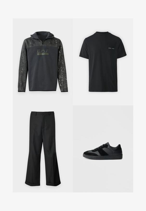 Juodas, su gobtuvo, džemperis su pusiau užtrauktuku, su tekstūruoto grafiko raštu ant rankovių ir tamsiai žaliu logotipo spaudiniu ant krūtinės.; Juodas medvilnės marškinėliai su klasikinėmis apvalios apykaklės, trumpomis rankovėmis ir dviem mažais baltais "SAMSØE" logotipais ant kairiojo krūtinės.; Juodos plačios kelnės su mygtukų juosmeniu ir raukšlėmis, eksponuojamos prieš paprastą baltą foną.; Juodi sportbačiai, pagaminti iš lygaus odos ir zomšos derinio, su tekstūruota juodos gumos sola ir subtiliu dryžuotu akcentu.