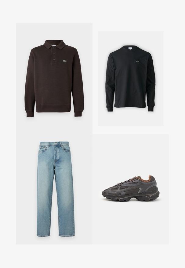 Braunes Langarm-Poloshirt aus strukturiertem Stoff, mit einer Knopfleiste mit drei Knöpfen und einem kleinen Lacoste-Logo auf der Brust.; Schwarzes Langarm-T-Shirt aus Baumwolle, mit Rundhalsausschnitt und einem kleinen grünen, gestickten Krokodil-Logo auf der linken Brust.; Hellblaue Denim-Jeans mit lockerer Passform, geraden Beinen, fünf Taschen im Design und einem Knopfverschluss an der Taille. Minimalistische Nähdetails.; Lacoste Sneaker in Dunkelgrau aus Mesh und Synthetikmaterial, mit einer strukturierten Sohle und braunen Akzenten am Kragen und Logo.