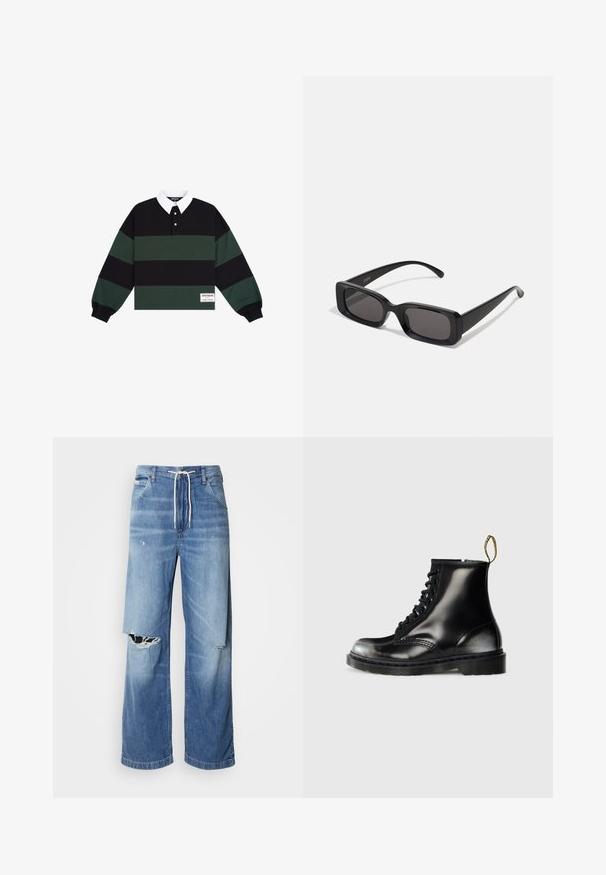Koszulka polo z długim rękawem w czarne i ciemnozielone poziome paski, z białym kołnierzykiem i naszywką z logo na dolnej lewej stronie.; Jasnoniebieskie dżinsy o luźnym kroju, z białym sznurkiem w pasie oraz wyraźnymi przetarciami z przodu, odsłaniającymi postrzępione krawędzie.; Czarne skórzane botki za kostkę o błyszczącej powierzchni, z ośmioma otworami na sznurówki, czarnymi sznurowadłami i pętelką do zakładania. Posiadają teksturowaną, kauczukową podeszwę.; Czarne prostokątne okulary przeciwsłoneczne z ciemnymi szkłami, błyszczącym wykończeniem, szerokimi zausznikami i masywną konstrukcją. Wygrawerowana nazwa marki na jednym z zauszników.