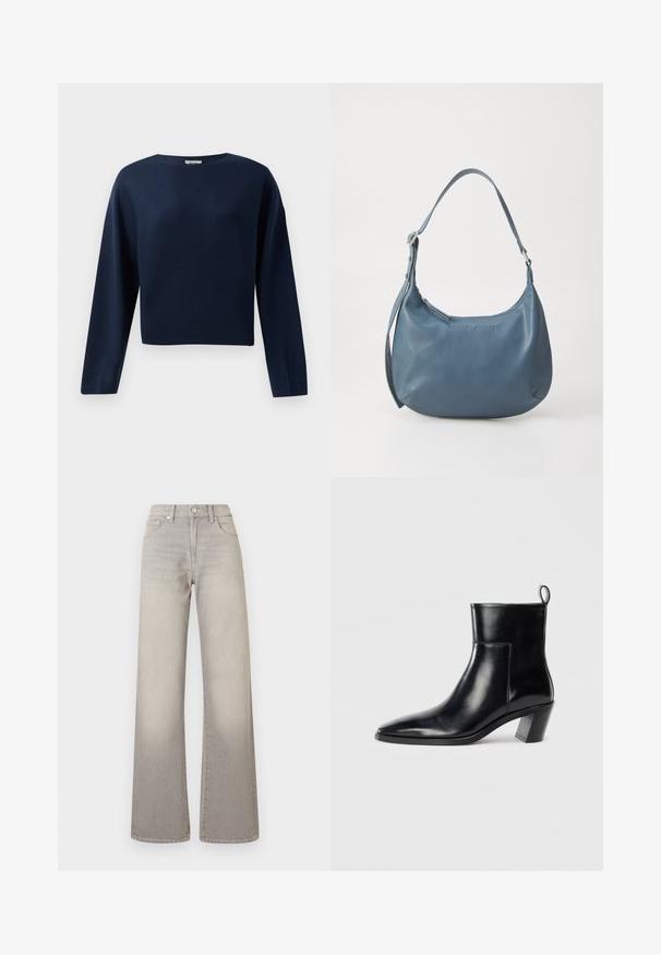 Navy blue long-sleeve cropped sweater with a round neckline, displayed against a white background.; Gray wide-leg jeans with a faded finish, button closure, five-pocket design, and stitched detailing along the seams.; Black leather ankle boot with a pointed toe, a geometric stacked heel, and a pull tab at the back. Smooth texture and sleek design.; Blue leather handbag with a rounded shape, single shoulder strap, zip closure, and embossed brand name on the front. Smooth texture.