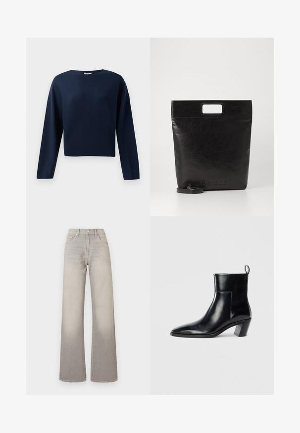 Marineblå langermet cropped genser med rund hals, vist mot en hvit bakgrunn.; Grå vide ben jeans med en falmet finish, knaplukning, fem-lomme design og stikninger langs sømmen.; Sorte skinn ankle boots med spiss tå, geometrisk stablet hæl og en drasnor bak. Glatt tekstur og elegant design.; Svart lær tote veske med firkantet håndtak, med teksturert overflate og preget logo. Inkluderer en avtagbar stropp.