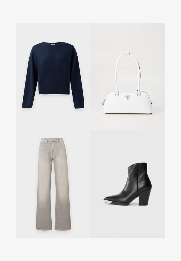 Námořnická modrá cropped svetr s dlouhými rukávy a kulatým výstřihem, vystavený na bílém pozadí.; Šedé široké džíny s vybledlým vzhledem, zapínání na knoflík, pět kapsičkový design a prošívání podél švů.; Černá kožená kotníková bota s špičatou špičkou, vysokým blokovým podpatkem a stříbrným detaily na špičce. Hladká textura a jednoduchý design.; Bílá kožená kabelka s zakřiveným tvarem, na které se nachází stříbrné trojúhelníkové logo a zipové uzavření. Hladký povrch a dvojité uši.