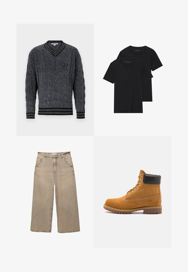Pull en tricot gris avec motif en torsades. Conception en V, bord noir côtelé au col et aux ourlets. Présence d'un petit logo noir sur la poitrine.; Deux t-shirts en coton noirs à manches courtes, à encolure ronde et à texture lisse, présentés empilés l'un sur l'autre.; PULL&BEAR MEGA BAGGY - Jean baggy - light grey; Bottine en daim beige avec un col rembourré noir, œillets en métal doré, détails de surpiqûres blanches et semelle en caoutchouc robuste avec des crampons prononcés.