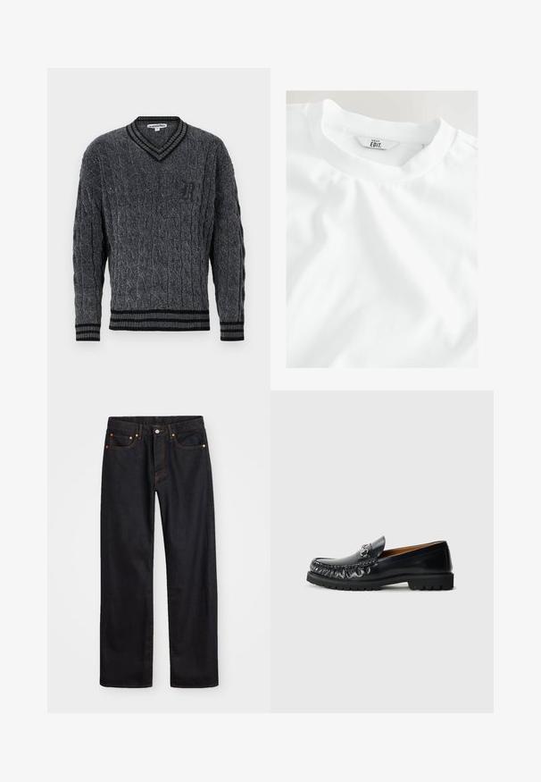 Suéter gris de punto con patrón de cable. Diseño de cuello en V, ribete negro acanalado en el cuello y los bordes. Presenta un pequeño logotipo negro en el pecho.; Camiseta blanca básica con una vista en primer plano del escote y la etiqueta, que muestra "NEXT EDIT." sobre un fondo claro.; Jeans de mezclilla negros de pierna recta para hombre, con cinco bolsillos y costuras en color naranja, cierre de botón y cremallera en la parte delantera de la cintura.; Mocasín de cuero negro con punta redondeada, costuras decorativas y un acento metálico en la parte delantera; suela de goma con patrón de tracción.