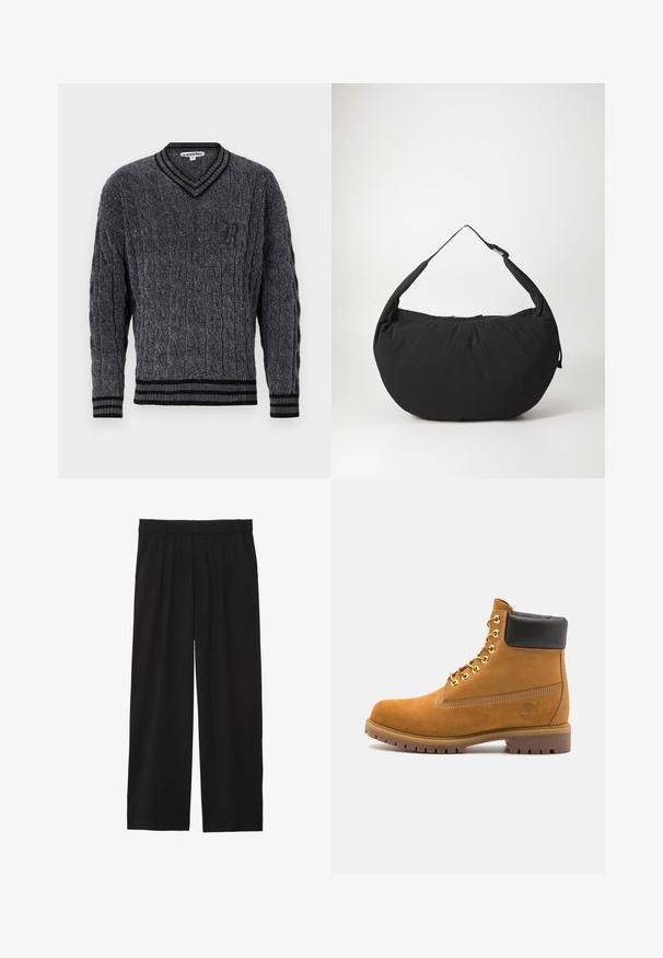 Pull en tricot gris avec motif en torsades. Conception en V, bord noir côtelé au col et aux ourlets. Présence d'un petit logo noir sur la poitrine.; Pantalons larges noirs avec un devant plissé, des poches latérales et une texture de tissu lisse. Conçus pour un ajustement décontracté.; Bottine en daim beige avec un col rembourré noir, œillets en métal doré, détails de surpiqûres blanches et semelle en caoutchouc robuste avec des crampons prononcés.; Sac à épaule en tissu noir avec une forme arrondie, doté d'une seule sangle et d'une fermeture éclair. Texture douce, design minimaliste.