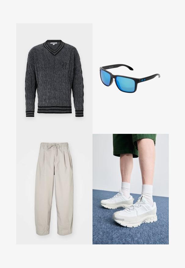 Pilkas megztinis su pynimo raštu. V-kaklo dizainas, juodas įaustos detalės apykaklėje ir valo užbaigimuose. Ant krūtinės yra mažas juodas logotipas.; Šviesiai rudi, lengvi kelnių su elastine juosta ir raišteliu. Turintys klostes ir laisvą siluetą, pagaminti iš minkštos, glotnios medžiagos.; Baltos sportinės bateliai su tekstūruotais uždengimais, masyviu padu ir pilkais akcentais. Dėvimi su baltais trumpais kojiniais ir žaliais šortais mėlyname paviršiuje.; Stilingi juodi saulės akiniai su mėlynais veidrodiniais objektyvais, kvadratiniais rėmeliais ir mėlyna akcentu ant šventyklos. Pagaminti iš lengvo plastiko.
