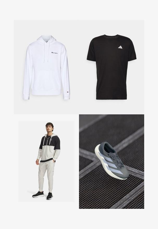 Bela kapuca iz mehkega bombaža, ki ima sprednji žep, kapuco na vrvico in črn vezen logotip na prsih.; Črna bombažna majica s kratkimi rokavi, okroglim izrezom in belim logotipom na levem prsnem predelu. Gladka tekstura in preprost dizajn.; Kapuca športna jakna v črni in beli barvi z zadrgo; v kombinaciji z belimi trenirka hlačami z žepi in elastičnimi manšetami; črne športne copate.; Športna obutev v sivi in beli barvi, izdelana iz sintetičnega materiala, z aerodinamičnim dizajnom, teksturirano površino in izrazitim sistemom vezalk.