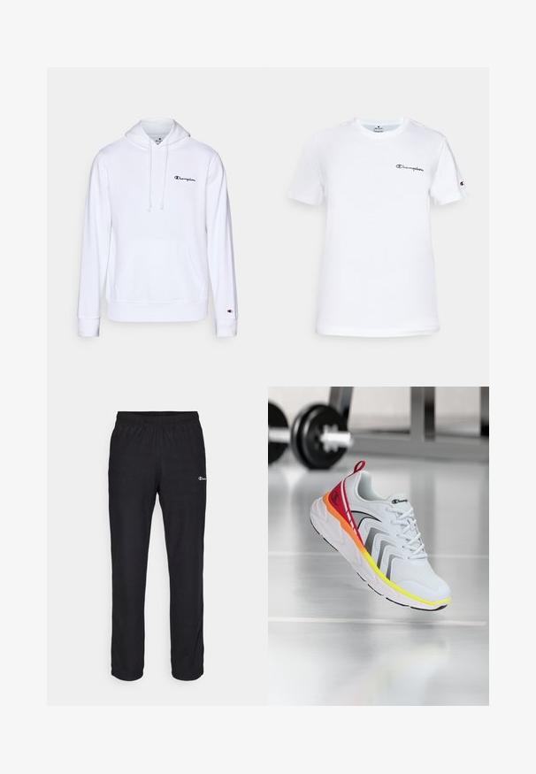Weißer Hoodie aus weichem Baumwollstoff, mit einer Fronttasche, Kordelzugkapuze und schwarzem gesticktem Logo auf der Brust.; Weißes Baumwoll-T-Shirt mit rundem Halsausschnitt, kurzen Ärmeln und schwarzem gesticktem "Champion"-Logo auf der Brust und am Ärmel.; Champion ICONS STRAIGHT PANTS QUICK DRY - Jogginghose - black; Weiße Sportschuhe mit einem Obermaterial aus Mesh, bunten Akzenten in Rot, Orange und Gelb, mit einer strukturierten Sohle und schwarzen Details.