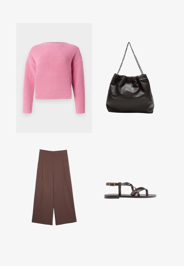 Roza pletena jopica s skrajšanim dizajnom, dolgimi rokavi in rebrasto teksturo. Enostaven okroglen ovratnik in brez vidnih zapiranj.; Rjave široke hlače z gladko teksturo, ki imajo visok pas in sprednje naborke. Tkanina je lahka in prosto pada.; Rjav usnjen sandal z načinom prečnega črta, zaklepom okoli gležnja in ravnim podplatom z minimalnimi šivi.; Rjava usnjena torba z nabranim vrhom in verižnim trakom. Gladka tekstura z sijajno površino in subtilnimi šivi na straneh.