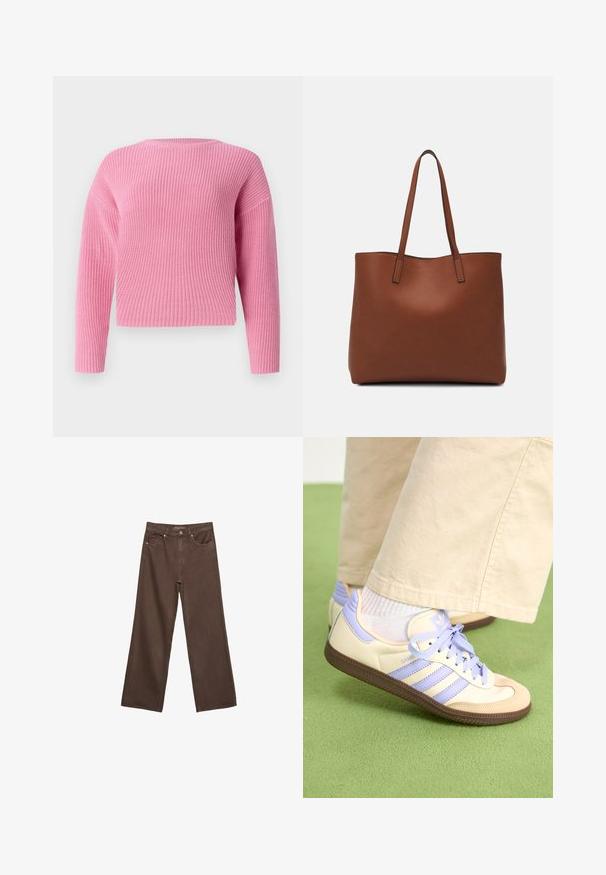 Ružičasti pleteni pulover s krojenjem koje otkriva struk, dugim rukavima i rebrastom teksturom. Jednostavna okrugla izrez i bez vidljivih kopčanja.; Proširene smeđe traperice od denima, s visokim strukom, prednjim džepovima i klasičnom kopčom na dugme. Glatka tekstura s suptilnim šavovima.; Kremasto-ljubičaste tenisice s tri pruge i strukturiranim smeškim potplatom, s vezicama i podstavljenim petom. Mekana gornja tkanina.; Smeđa kožna torba preko ramena s glatkom teksturom, otvorenim vrhom i dvjema naramenicama. Ima minimalne šavove i nema vidljivog hardvera.