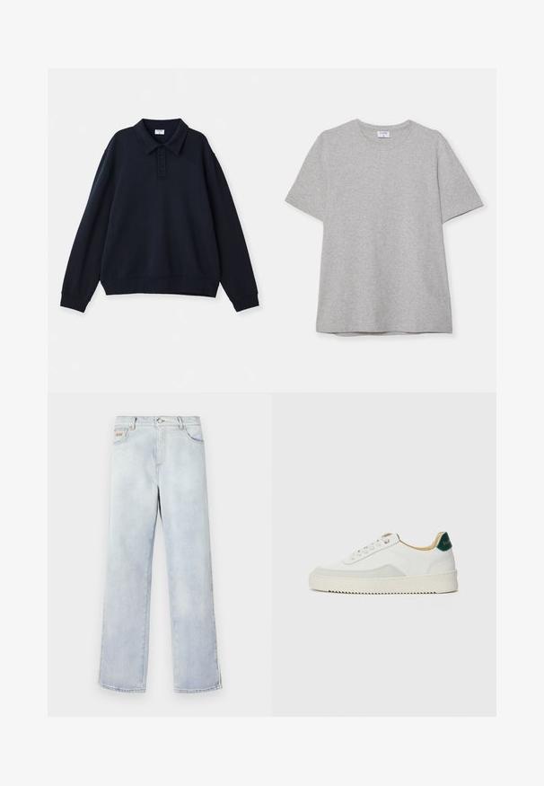 Filippa K Sweatshirt - navy; Grå t-shirt med kort ärm gjord av mjukt, texturerat tyg. Har en klassisk rund halsringning och en rak nederkant, lämplig för avslappnad klädsel.; Ljusblå denimjeans med raka ben, med knappstängning, fem fickor och kontrasterande sömmar.; Vit sneaker med mockadetaljer, rund tå, platta snören och en krämfärgad gummisula. Har grön branding på hälen.