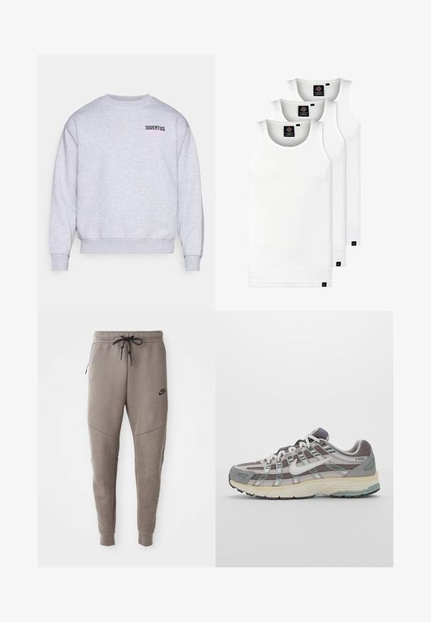 Sudadera gris con cuello redondo, puños acanalados y dobladillo. Presenta el texto "JUVENTUS" en negro y rosa en el área del pecho izquierdo. Textura suave.; Tres camisetas sin mangas de algodón de color blanco con canalé. Cuentan con cuello redondo y pequeñas etiquetas negras cerca del dobladillo. Disponibles en múltiples tamaños.; Pantalones de chándal grises de Nike con cintura ajustable, piernas ajustadas, bolsillos laterales y costuras distintivas. Tejido suave y texturizado.; Zapatilla deportiva gris con parte superior de malla y ante, acentos blancos, suela acolchada y un diseño distintivo con elementos reflectantes.