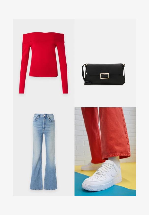 Red off-the-shoulder long-sleeve top made from ribbed fabric. Fitted design with a wide collar and smooth texture.; Light blue flared jeans made of denim, featuring a high waist, five-pocket design, and subtle gradient fading towards the hem.; White leather sneaker with perforated toe box, textured sole, and white laces, paired with wide red pants and a blue and yellow background.; Black leather clutch bag with a flap and a gold metal buckle detail. Includes a black strap and a sleek, minimalist design.; Silver hoop earrings with a twisted design, featuring a polished finish and post-back closure. Measure approximately 3 cm in diameter.