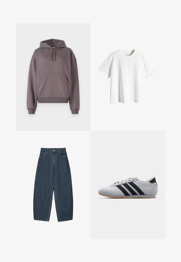 Hoodie in einem gedeckten Grau, mit einer vorderen Kängurutasche, gerippten Bündchen und Saum, aus weichem, strukturiertem Fleece-Material gefertigt.; Weißes Baumwoll-T-Shirt mit Rundhalsausschnitt, kurzen Ärmeln und lockerer Passform. Glatte Textur, keine Muster oder Akzente.; Dunkelblaue Denim-Hosenträger mit weitem Bein und hoher Taille, ausgestattet mit fünf Taschen und sichtbaren Nähdetails. Sauberes, minimalistisches Design.; Graue Sportschuhe mit einer glatten Lederoberfläche, ausgestattet mit drei schwarzen Streifen, einer abgerundeten Zehenpartie und einer Sohle aus Gummi.