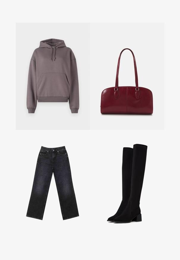 Hoodie in einem gedeckten Grau, mit einer vorderen Kängurutasche, gerippten Bündchen und Saum, aus weichem, strukturiertem Fleece-Material gefertigt.; Hoch taillierte schwarze Jeans aus Denim mit weitem Bein, Fünf-Taschen-Design und sichtbaren Nähten. Der Stoff hat eine glatte, leicht strukturierte Oberfläche.; Schwarze Overknee-Stiefel aus weichem, strukturiertem Material. Mit Blockabsatz, spitz zulaufender Zehenpartie und sichtbaren Nahtdetails.; Zign LEATHER - Handtasche - dark red