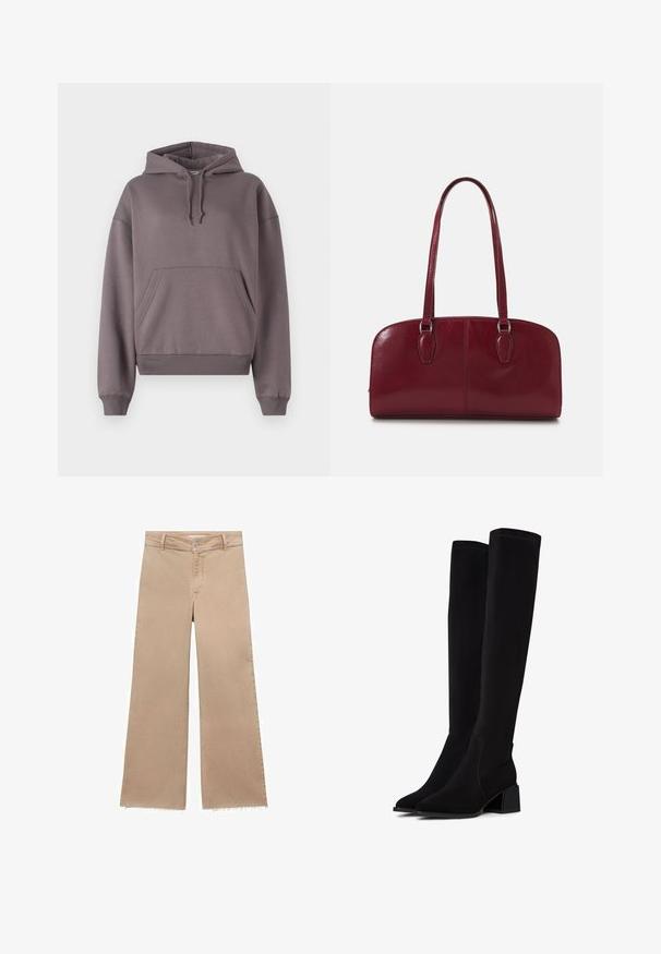 Huppari hillityssä harmaassa, jossa on etupuolella kengurutasku, ribbaatut hihansuut ja helma, valmistettu pehmeästä, teksturoidusta fleece-materiaalista.; Beige leveled-jeggingsit, josta on purkautunut helma, valmistettu puuvillasta. Ominaisuuksiin kuuluu napitus ja vyölenkit, jotka tarjoavat väljää istuvuutta ja rentoa tyyliä.; Mustat polven yli yltävät saappaat, jotka on valmistettu pehmeästä, teksturoidusta materiaalista. Varustettu korkea lohkarekannalla, teräväkärkisellä muodolla ja näkyvillä saumatiedoilla.; Zign LEATHER - Käsilaukku - dark red