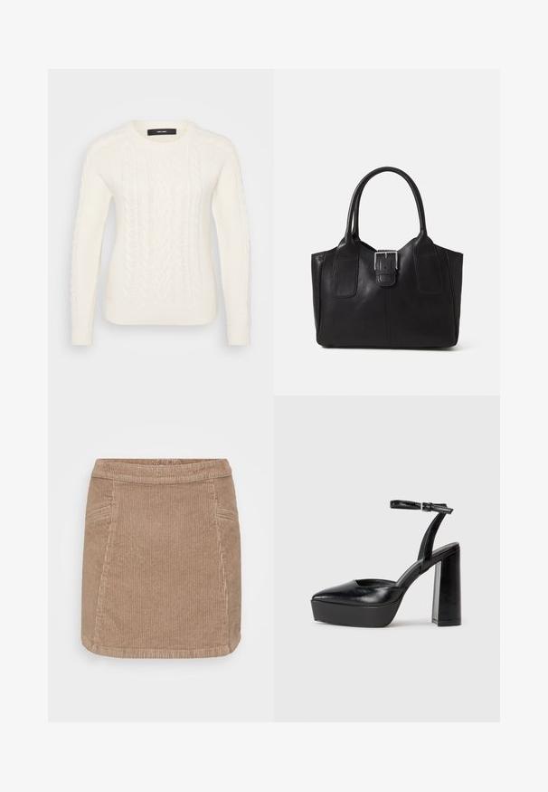 Pull en tricot blanc avec un motif de câble texturé, col rond et poignets et ourlet côtelés. Fabriqué à partir d'un matériau doux et chaud.; Jupe en velours côtelé de couleur marron clair. Présente une taille ajustée, une texture ribbée verticale et deux poches latérales. Longueur mi-cuisse.; Escarpins noirs à plateforme avec un bout pointu et une sangle réglable à la cheville. Conçus en cuir lisse, avec un large talon bloc.; Sac fourre-tout en cuir noir avec une texture lisse, une forme structurée, deux poignées et un détail en boucle argentée proéminent à l'avant.