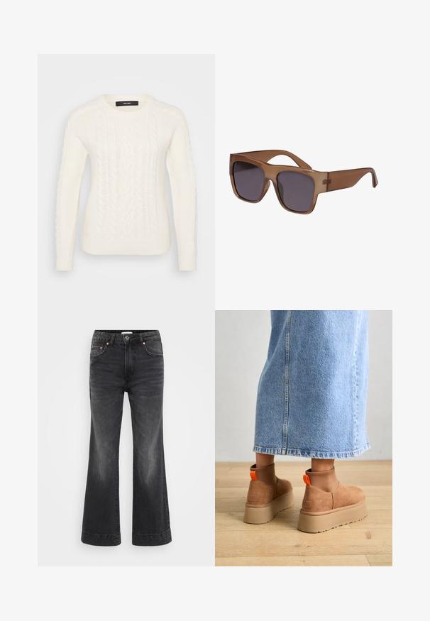 Bijela pletena dukserica s teksturiranim uzorkom pletenice, okruglim izrezom i rebrastim manžetama i donjim rubom. Izrađena od mekog, toplog materijala.; Crne široke traperice s visokim strukom, izrađene od denima. Imaju prednje džepove, bakrene zakovice i vidljivo šivanje duž rubova.; Smeđe suede platform čizme s elastičnim bočnim panelima i narančastim vučnim trakama, uparenim s suknjom od svijetlog denima do koljena na drvenom podu.; Smeđe polu-prozirne sunčane naočale sa četvrtastim okvirom i tamnim staklima. Ručke su elegantne i blago zakrivljene za moderni izgled.