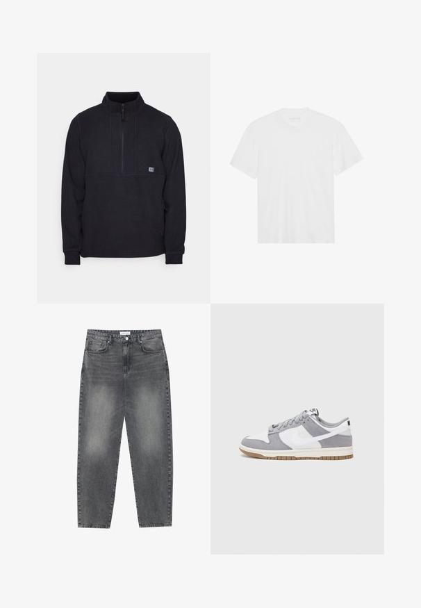 Juoda fliso apykaklė su pusiau užtrauktuku, su krūtinės siūle ir mažuoju logotipu kairėje pusėje. Minkšta tekstūra, ilgos rankovės.; Balta medvilninė marškinė su trumpomis rankovėmis, apvaliu kaklu ir tiesiu apvadu. Lygus paviršius, minimalistiškas dizainas be raštų ar akcentų.; Aukštai juosmeniu, laisvai krentančios džinsai iš blukusių juodų džinsų. Savybės: penki kišenės, diržo kilpos ir švari, tiesi kojų dizainas.; Pilka ir balta sportinė avalynė su zomšiniu ir odiniu viršumi, suapvalintu pirštu, plokščiomis raištelėmis ir guminėmis padais su guminiu akcentu.