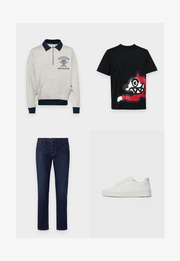 Gaiši pelēka sporta jaka ar tumši zilām apkakli un aprocēm, aprīkota ar pusi rāvējslēdzēja un priekšējo kabatu. Uzrāda "ICECREAM SKATEBOARDS" logotipu.; Icecream JUMBO RUNNING DOG - Apdrukāts T-krekls - black; Emporio Armani 5 POCKETS PANT - Pieguloša piegriezuma džinsi - blue denim; Baltas ādas sneakers ar gludu virsmu, apaļu pirkstu daļu, plakaniem šņorēm un teksturētu zoli. Satur diskrētu logotipu uz papēža.