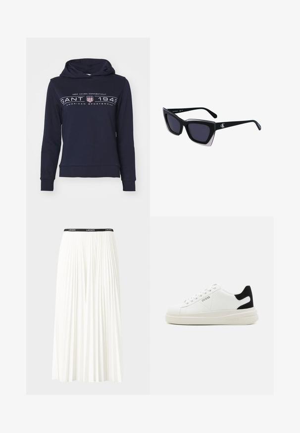 Tums zilas kapuce izgatavota no kokvilnas un sintētisko šķiedru maisījuma, ar augsto apkakli, garām piedurknēm un priekšējo grafiku ar tekstu un logo detaļām.; Gari plānas baltas svārku ar melnu elastīgu jostu, uz kuras redzams "LACOSTE" logo. Vidēja garuma dizains ar mīkstu tekstūru.; Baltas ādas sporta apavi ar biezu balto zoli, melna zamša uzpura un izspiestais logotips sānos. Šņorējuma dizains ar sešiem acu caurumiem.; Melni pārmēru saulesbrilles ar ģeometrisku formu, kas aprīkotas ar tumšiem stikliem un kontrastējošu pelēku akcentu uz rāmja. Logo uz kājas.