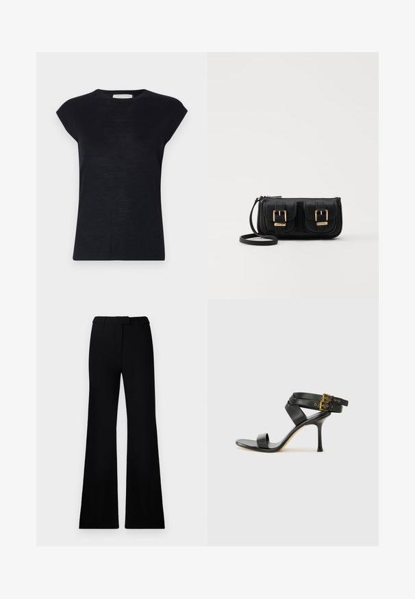 Tiger of Sweden MARISO jasnoniebieski; Czarne rozszerzane spodnie o gładkiej fakturze, z dopasowaną talią i kieszeniami z przodu, zaprojektowane w eleganckim, nowoczesnym stylu.; Czarne sandały na obcasie z krzyżującymi się paskami i regulowanym zapięciem. Charakteryzują się gładką teksturą i zwężanym obcasem w kształcie szpilki.; Czarna skórzana torba na ramię z dwoma przednimi kieszeniami, złotymi klamrami, zamkiem błyskawicznym i cienkim paskiem. Teksturowana powierzchnia i kompaktowy prostokątny kształt.