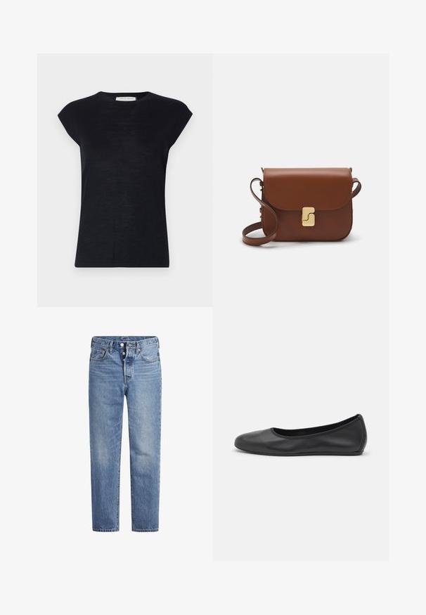 Tiger of Sweden MARISO - Pulover - light ink; Svijetloplave traperice ravnog kroja s pet džepova i dugmetom. Imaju suptilno izbljeđivanje i narančaste detalje šavova.; Črne usnjene balerinke z zaobljenim nosom, gladko teksturo, minimalnimi šivi in fleksibilno zasnovo podplata.; Rjava usnjena torbica s poklopcem, zlato obarvani okovi, naramnica in gladka tekstura. Kompaktna pravokotna oblika.