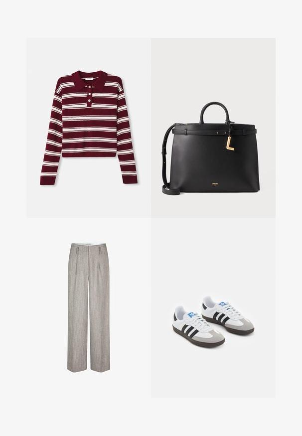 Burgundia pikkade varrukatega polo-sviiter valgete horisontaalsete triipudega, millel on kraelik ja kolm nuppu ees. Pehme tekstuur.; Second Female JUN - Püksid - trench coat; Spordijalatsid valge nahkpealsega, halli nubuk-naha otsaga ja kolme musta triibuga. Omab sinist logo keele peal ja struktureeritud kummitalda.; Mustmust kott, millel on kaks pealmist käepidet, eemaldatav rihm, kuldse sisustuse aktsent ja väike riputatav "L" silti. Sile tekstuur, struktureeritud disain.